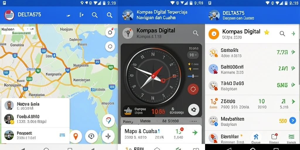 Antarmuka aplikasi DELTA575 menampilkan kompas digital dan informasi cuaca yang jelas.