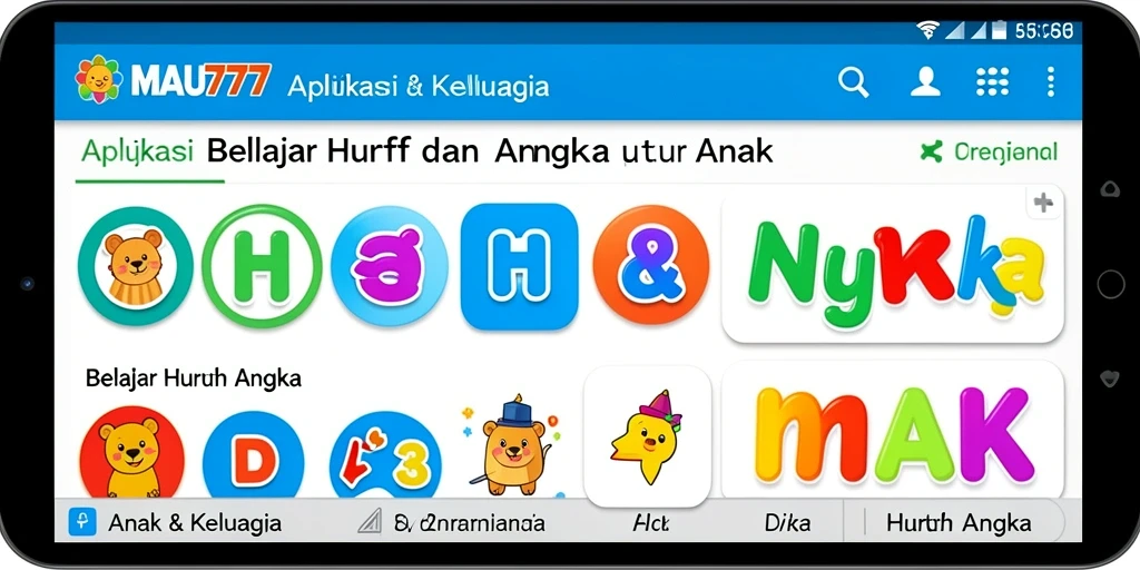 Tampilan antarmuka MAU777 yang ceria untuk belajar huruf dan angka.